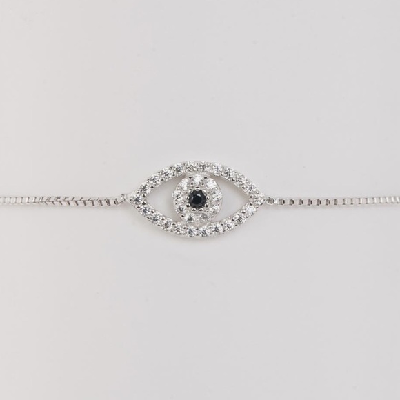 ADORNIA WHITE RHODIUM PLATED PACE SWAROVSKI CRYSTAL EVIL EYE LARIAT BRACELET - Picture 3 of 5